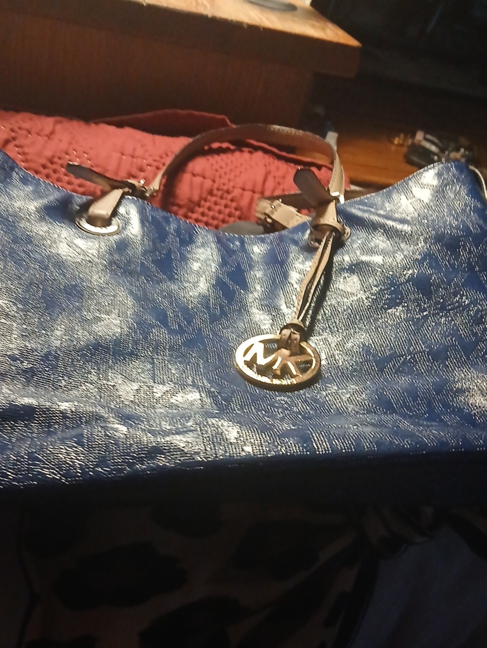 Michael Kors Blue Patent Leather Tote with Gold MK Charm